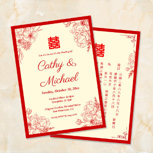 Convites Casamento chinês vermelho bege moldura floral orie