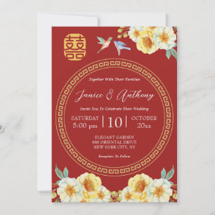 Convites Casamento chinês vermelho elegante pássaro floral