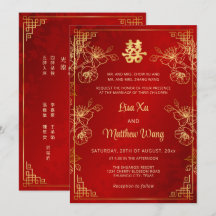 Casamento Chinês Vermelho Quadro Bilingue Dourado
