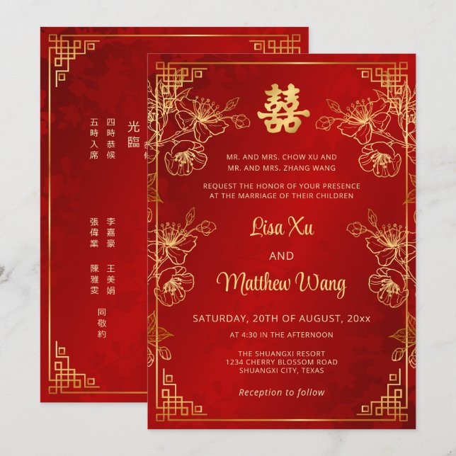 Convites Casamento Chinês Vermelho Quadro Bilingue Dourado (Frente/Verso)