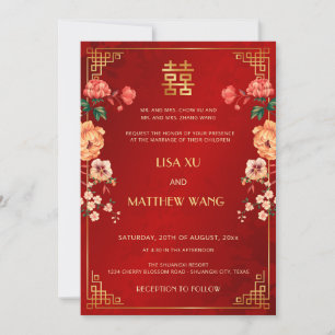 Convites Casamento Chinês Vermelho Quadro Bilingue Dourado