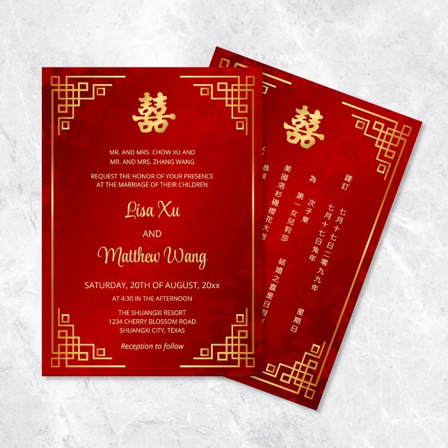 Convites Casamento Chinês Vermelho Quadro Bilingue Dourado (Criador carregado)