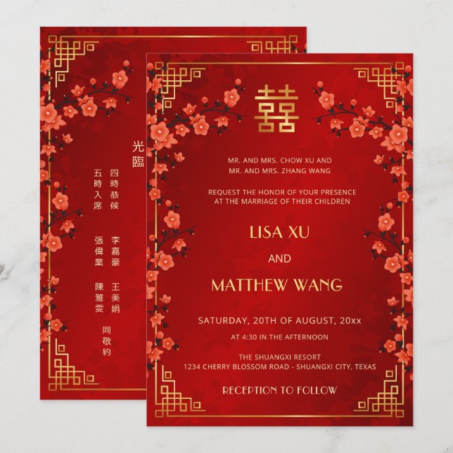 Convites Casamento Chinês Vermelho Quadro Dourado BILINGUE (Frente/Verso)