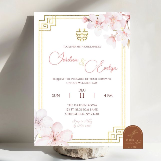 Convites Casamento Chinoiserie Chinoiserie Cherry Blossom (Criador carregado)