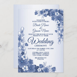 Convites Casamento Cinza Azul Floral Russo Branco