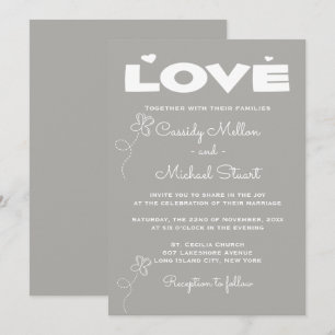 Convites Casamento Cinza e Branco Amor Corações e Borboleta