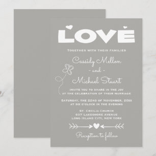 Convites Casamento Cinza e Branco Amor Corações e Borboleta