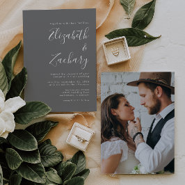 Convites Casamento Cinza Foto Script Minimalista Moderno