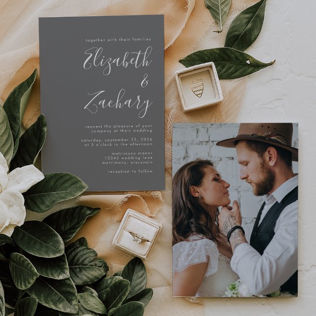 Convites Casamento Cinza Foto Script Minimalista Moderno (Criador carregado)