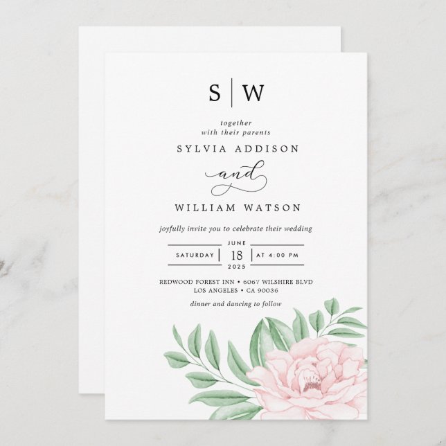 Convites Casamento Cinza Mínimo Eucalyptus Blush de Cores-d (Frente/Verso)