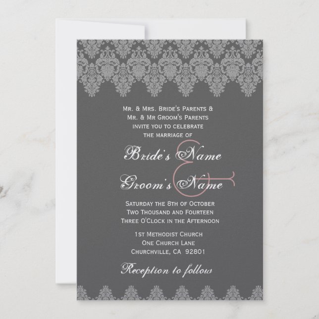 Convites Casamento Cinza Prata Damask Premium Metálico (Frente)