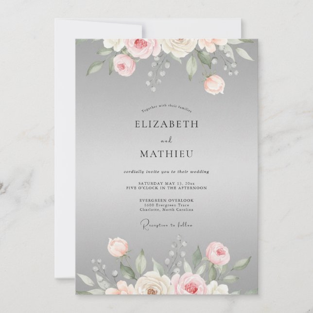 Convites Casamento Cinza Rosa Ranunculus Eucalipto (Frente)