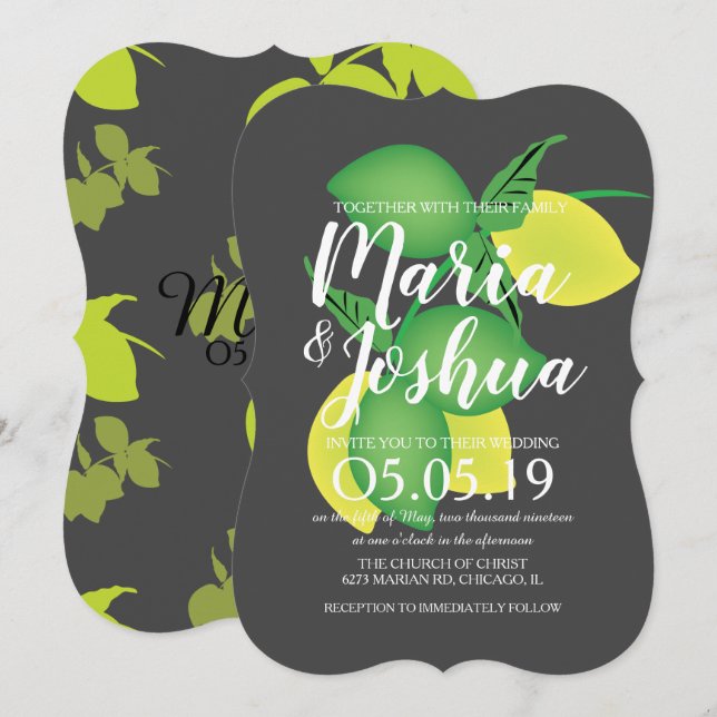 Convites Casamento Cinza Silo Padrão Limão Verde Amarelo Fr (Frente/Verso)