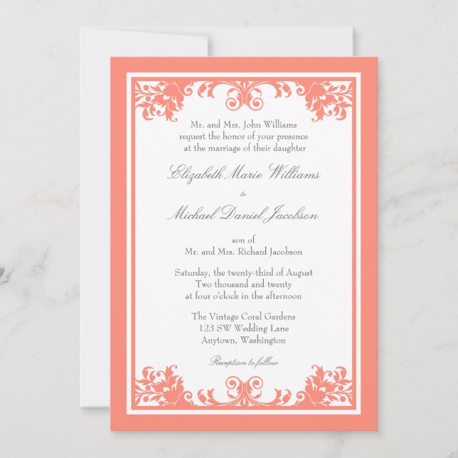 Convites Casamento cinzento coral do rolo do Flourish do (Frente)