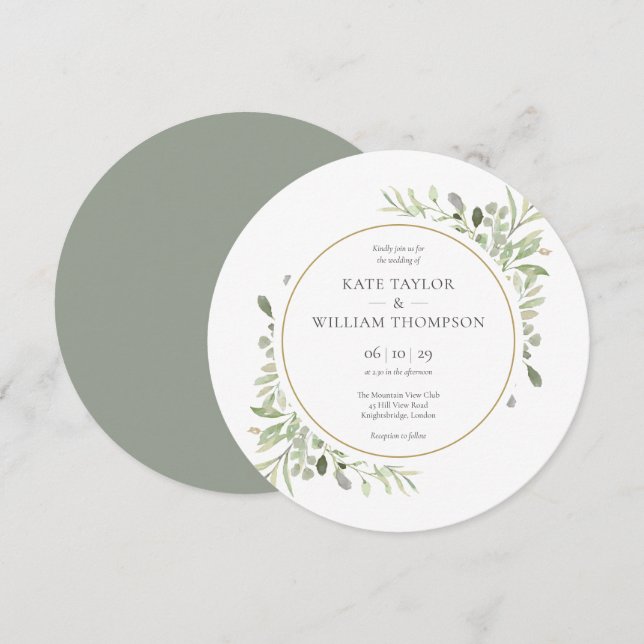 Convites Casamento Circular de Folhas de Vegetação Elegante (Frente/Verso)