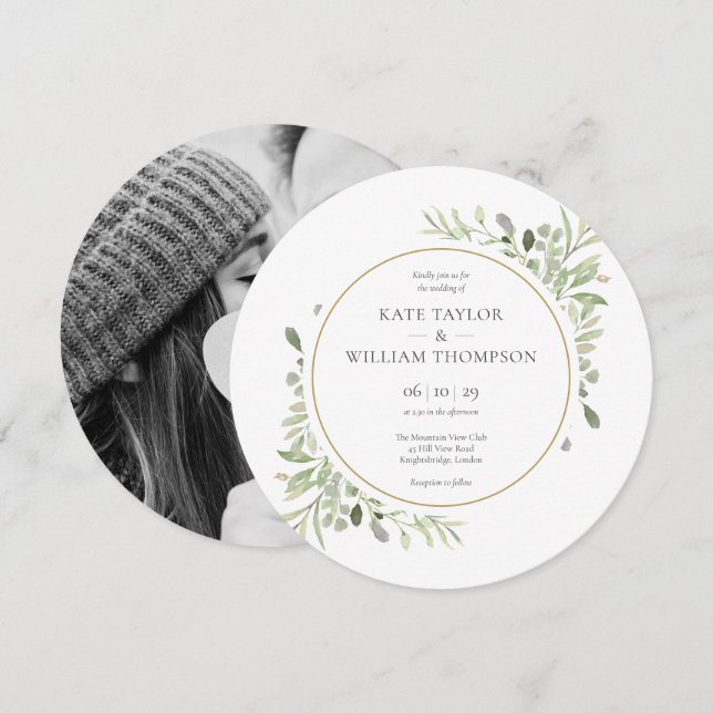 Convites Casamento Circular de Folhas de Vegetação Elegante (Frente/Verso)