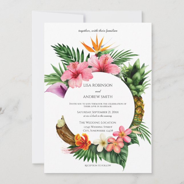 Convites Casamento Circular Tropical Hawaiian Floral Coconu (Frente)