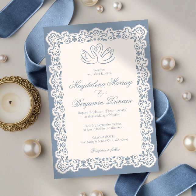 Convites Casamento Cisne Azul Poeirento Elegante Renda Marf (Criador carregado)