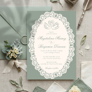 Convites Casamento Cisne Elegante Marfim em Renda Sage Vint