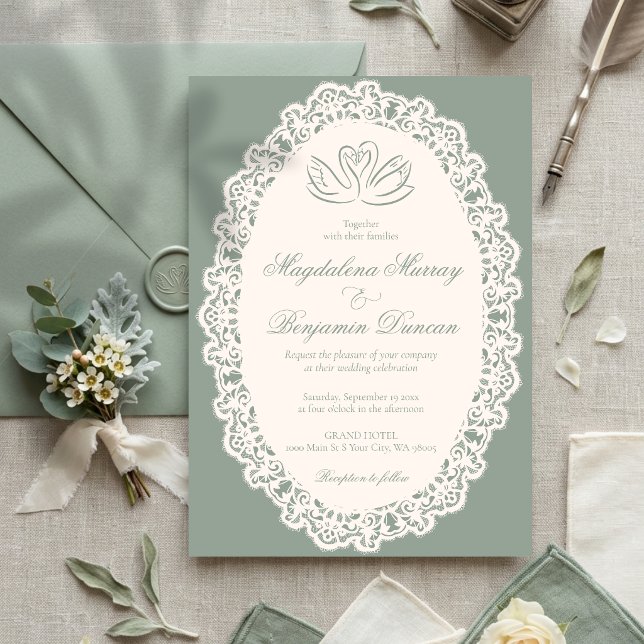 Convites Casamento Cisne Elegante Marfim em Renda Sage Vint (Criador carregado)