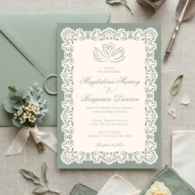 Convites Casamento Cisne Elegante Renda Marfim Antigo Verde (Criador carregado)