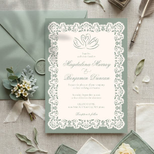 Convites Casamento Cisne Elegante Renda Marfim Antigo Verde