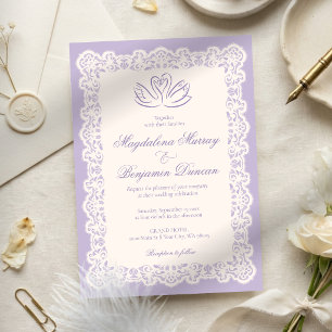 Convites Casamento Cisne Roxo Elegante Renda Marfim Antigo