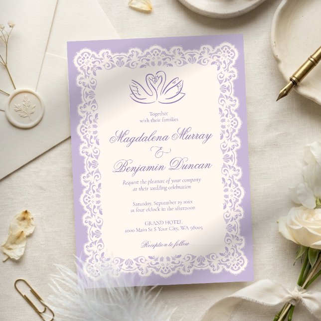 Convites Casamento Cisne Roxo Elegante Renda Marfim Antigo (Criador carregado)