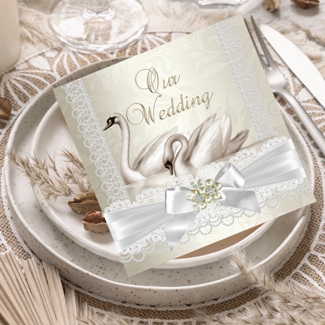Convites Casamento Cisnes Brancos Creme Pérola Renda Damask (Criador carregado)