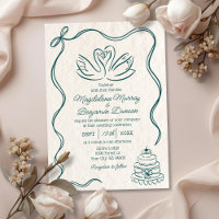 Casamento Cisnes Retro Verde Teal Desenhado à Mão