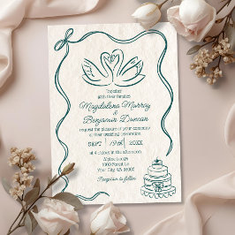 Convites Casamento Cisnes Retro Verde Teal Desenhado à Mão
