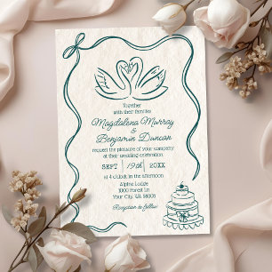 Convites Casamento Cisnes Retro Verde Teal Desenhado à Mão
