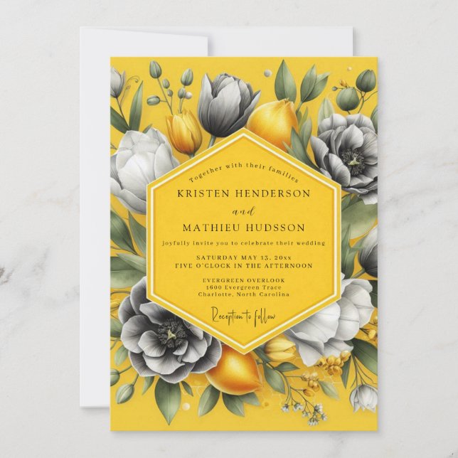 Convites Casamento Citrino Marigold em Tons de Cinza (Frente)