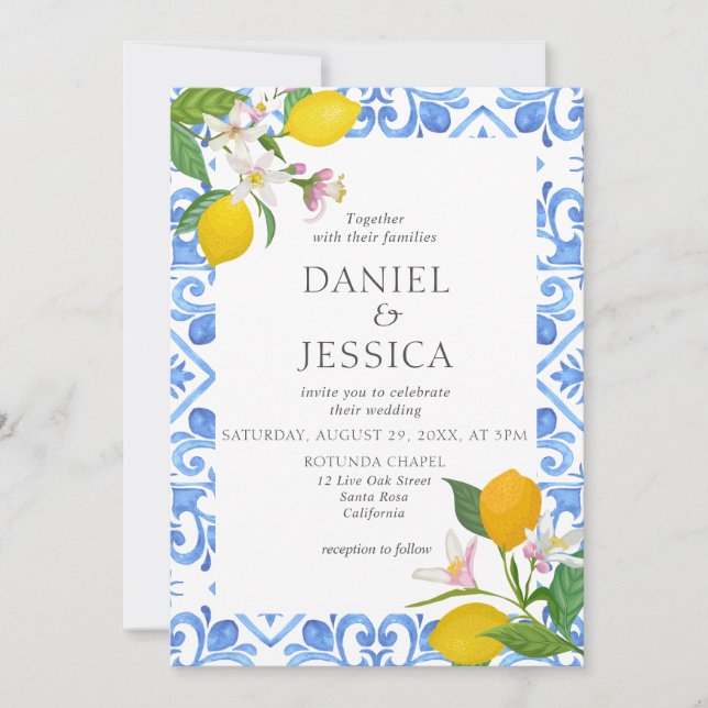 Convites Casamento Citrus Mediterranean BlueTiles Lemon Itá (Frente)
