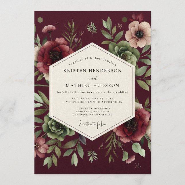 Convites Casamento Claret Dramatic Bloom (Frente)