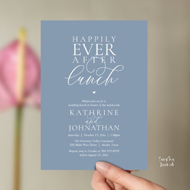 Convites Casamento Clássico ao Almoço com Fuga Romântica (Happily Ever After Lunch Classy Wedding Elopement Invitation card in dusty blue)