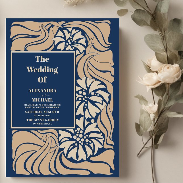 Convites Casamento Clássico Azul Art Nouveau (Criador carregado)