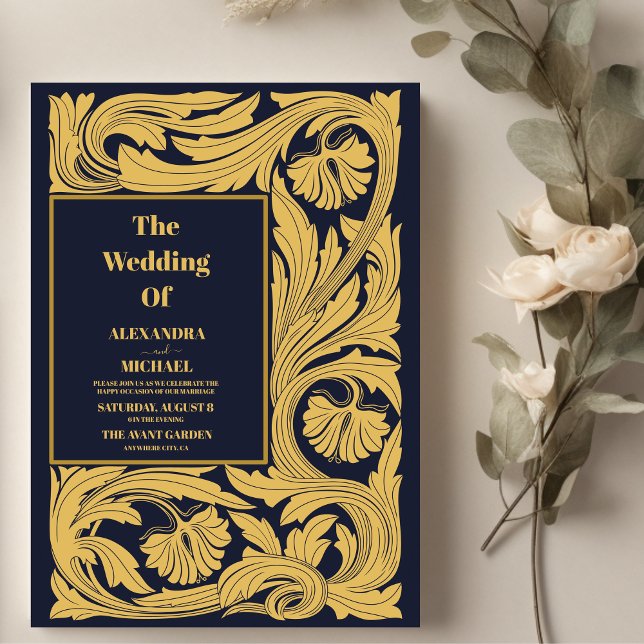 Convites Casamento Clássico Azul Art Nouveau (Criador carregado)