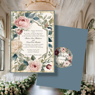 Convites Casamento Clássico Azul de Elegante Vintage Francê