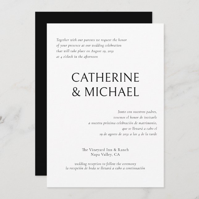 Convites Casamento Clássico Bilíngue Elegante Espanhol (Frente/Verso)