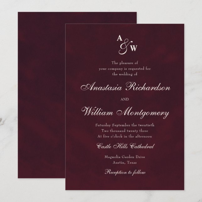 Convites Casamento Clássico Borgonha Profundo Rótulo Monogr (Frente/Verso)