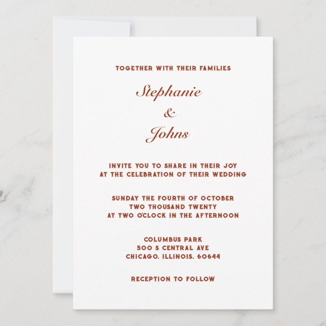 Convites Casamento Clássico Branco da Terra Quente de Terra (Frente)