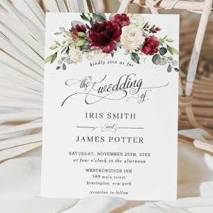 Convites Casamento Clássico Burgundy Ivory Floral