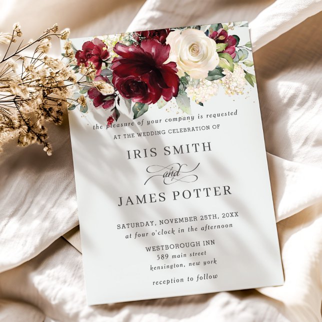 Convites Casamento Clássico Burgundy Ivory Floral (elegant rustic burgundy ivory white floral wedding invitation cards printed digital download )