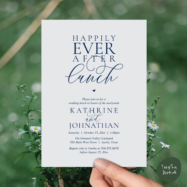 Convites Casamento Clássico com Almoço Feliz para Sempre (Happily Ever After Lunch Classy Wedding Elopement Invitation card in navy blue chill grey)