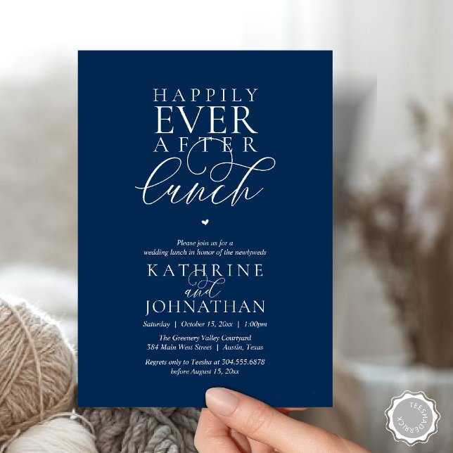Convites Casamento Clássico com Almoço Feliz para Sempre (Happily Ever After Lunch Classy Wedding Elopement Invitation card in navy blue)