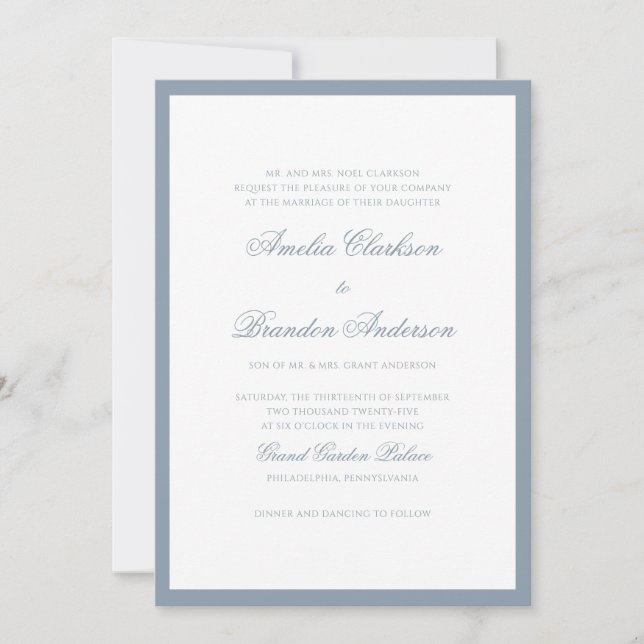 Convites Casamento Clássico com Borda de Azul Poeirento em  (Frente)