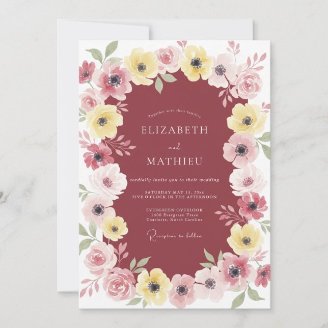 Convites Casamento Clássico com Flor Silvestre Amarela e Ma (Frente)
