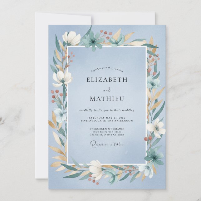 Convites Casamento Clássico com Folhas em Azul Pó (Frente)