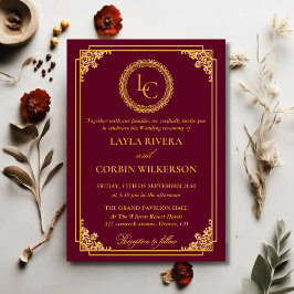 Convites Casamento Clássico com Moldura de Ouro e Monograma